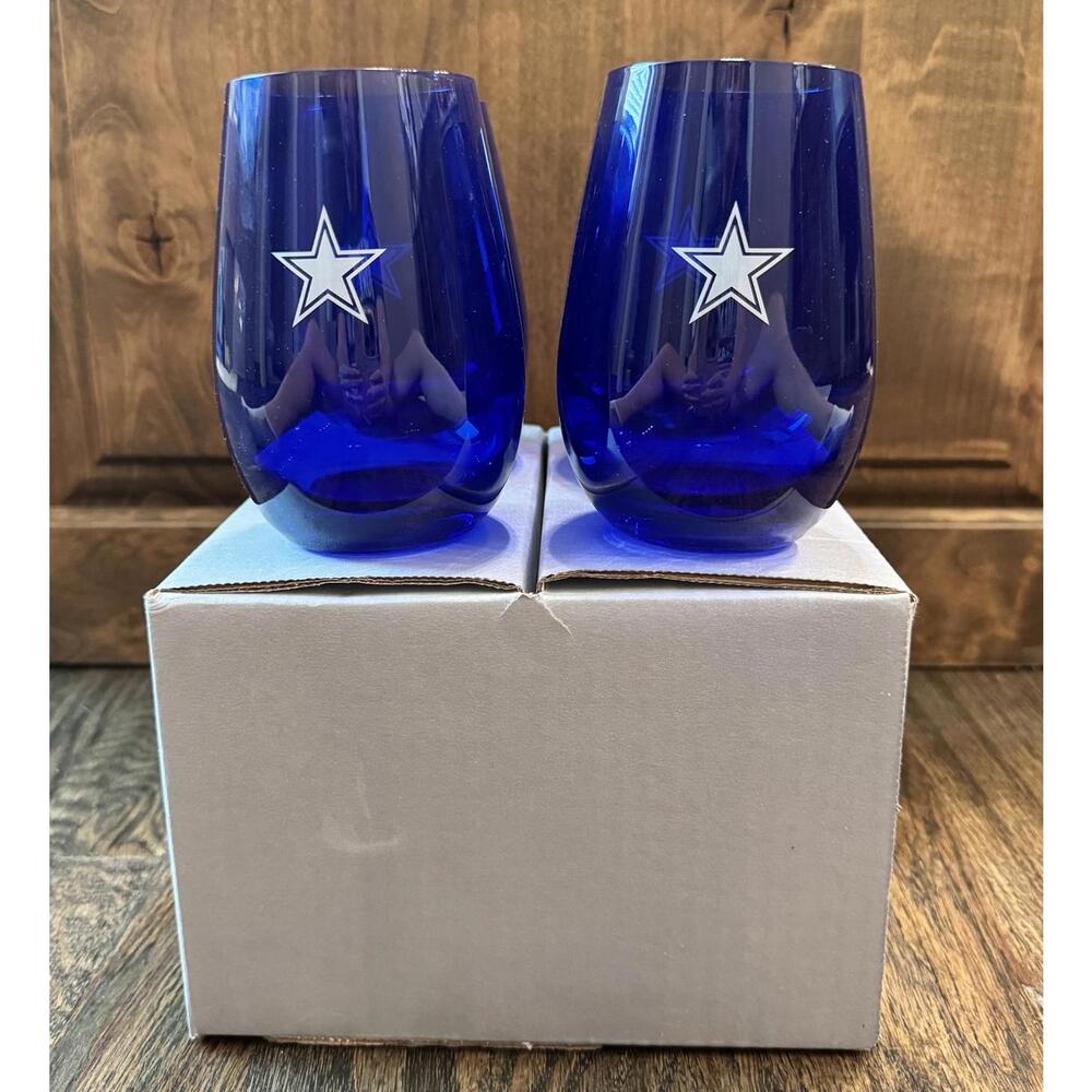 Set of 4 Blue Glass Dallas Cowboys Tumblers with Star Design